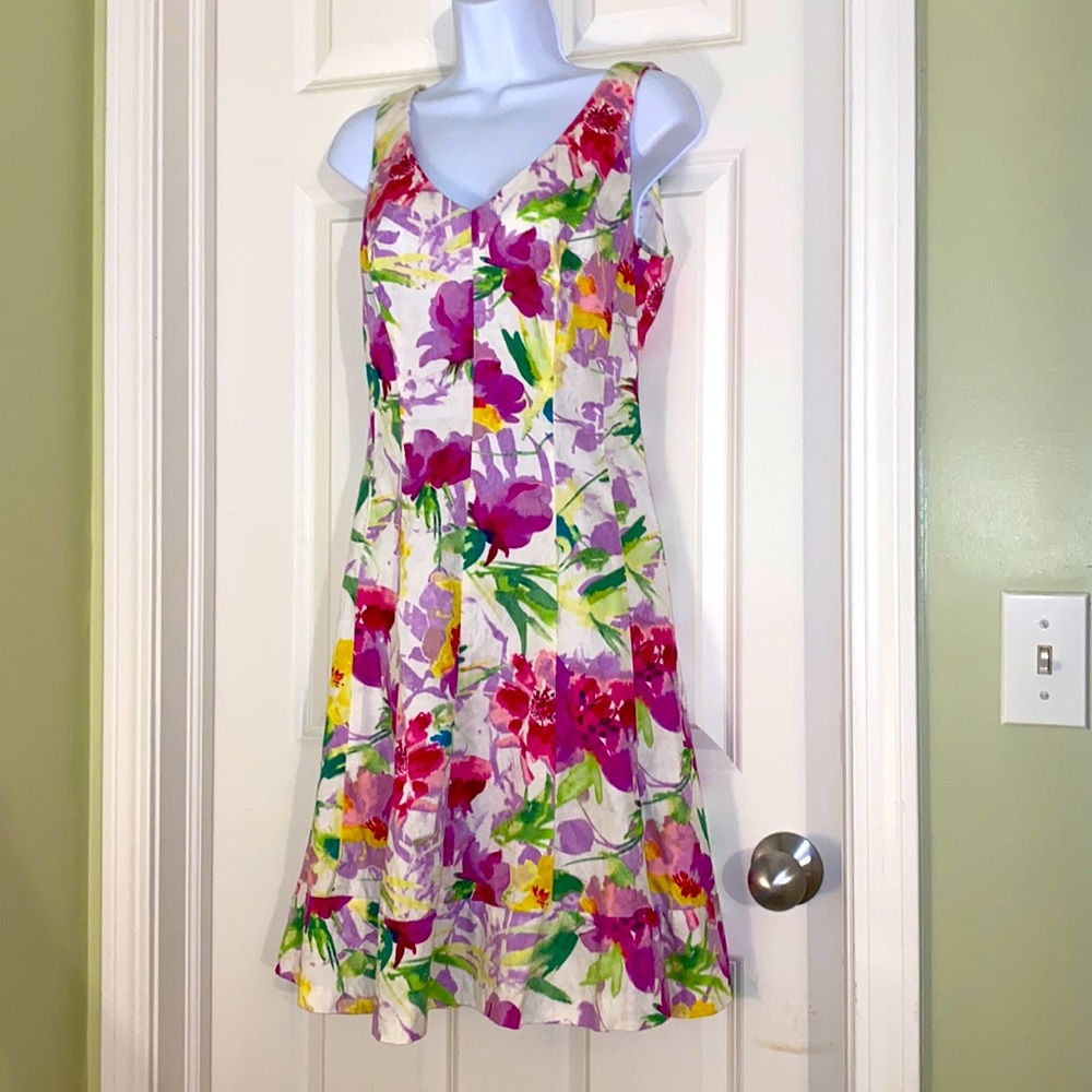 Chaps cotton blend pink/purple/green floral sleeveless sheath dress